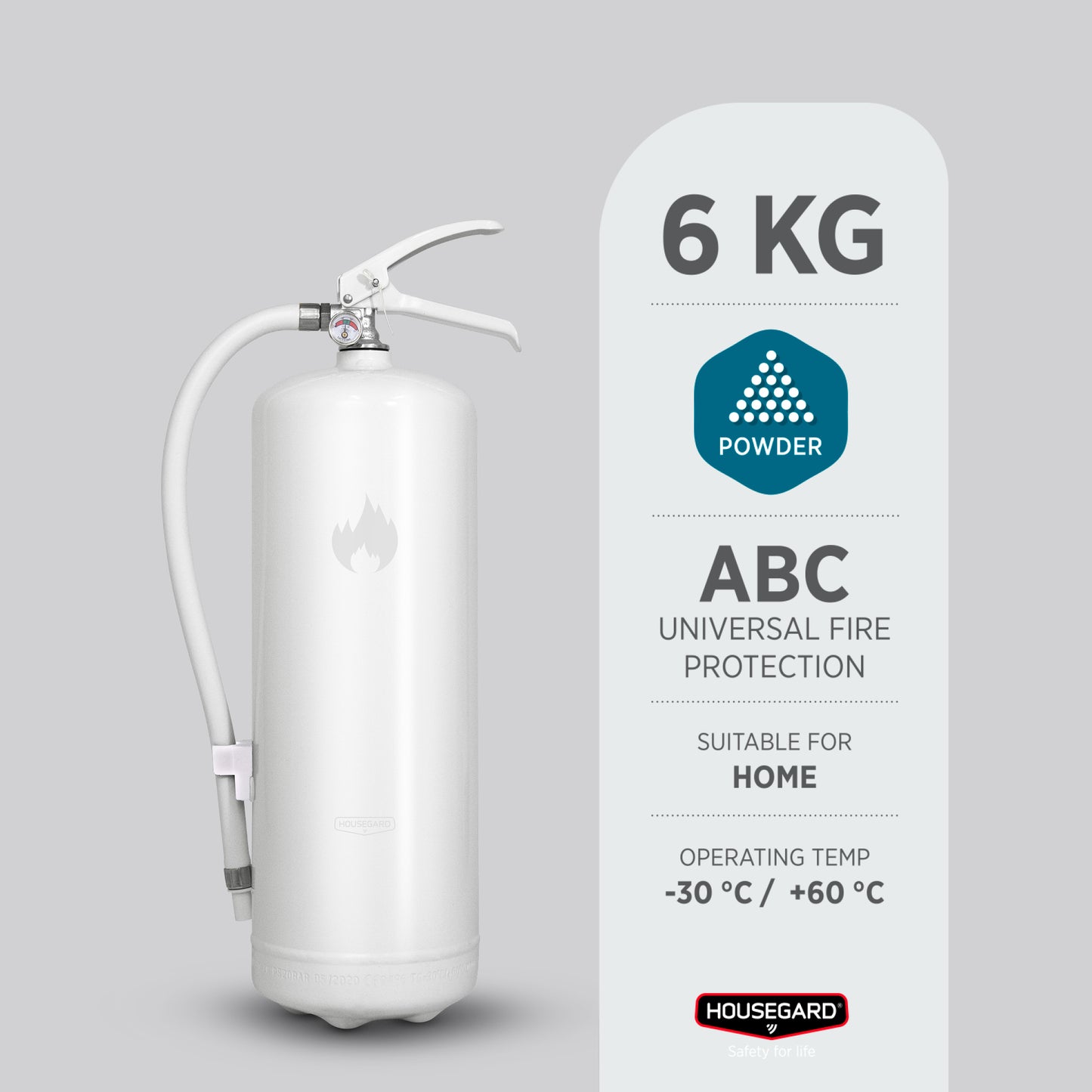 Vit 6 kg pulversläckare från Housegard – stilren brandskyddslösning för hemmet.