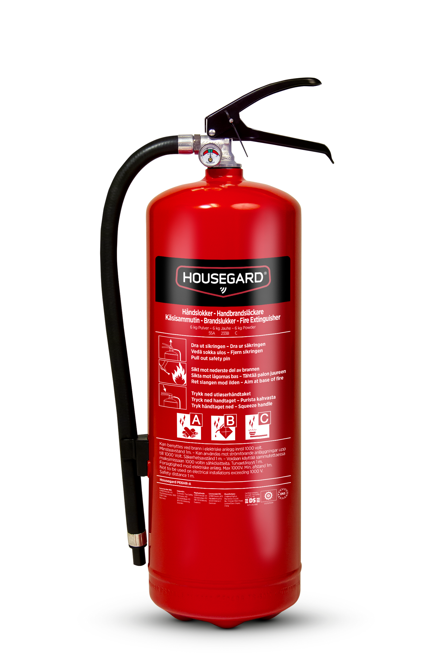 Housegard 6 kg pulversläckare PE6HR-A – frilagd produktbild med röd behållare och svart slang