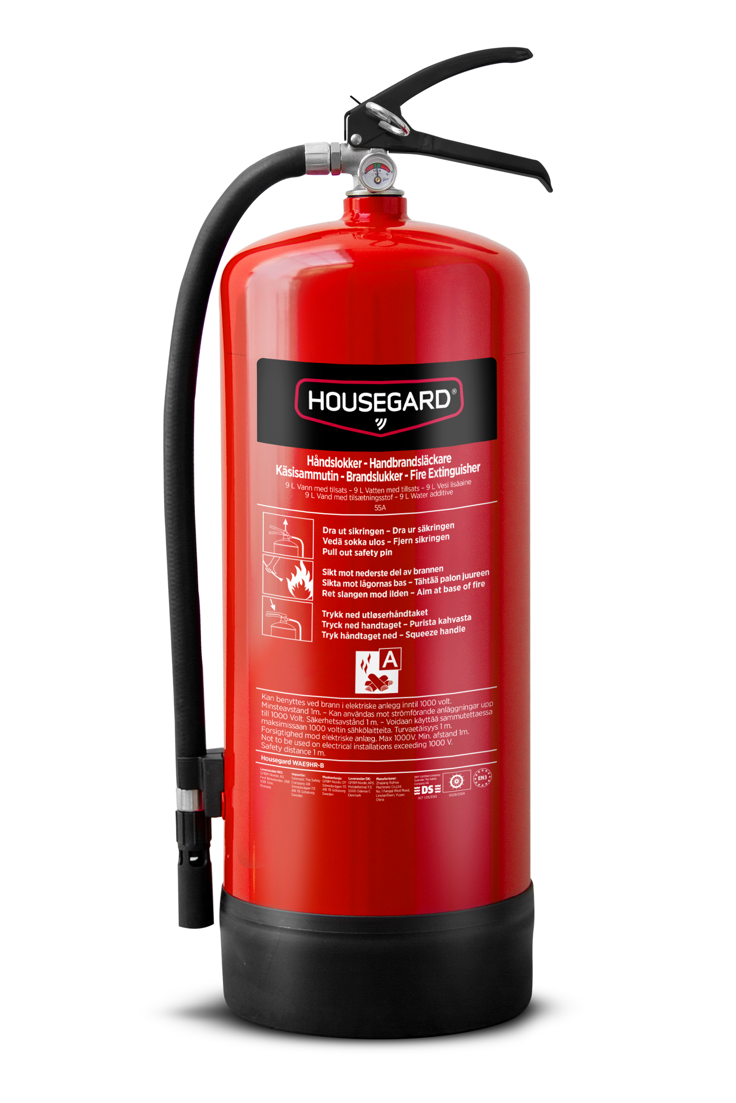 Housegard 9 liter vattenbrandsläckare WAE9HR-B – frilagd produktbild med svart slang och röd behållare