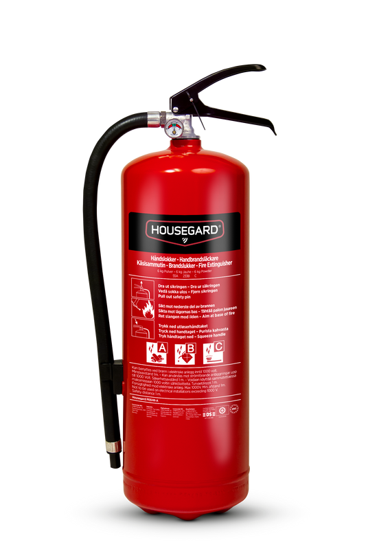 Housegard 6 kg pulversläckare PE6HR-A – frilagd produktbild med röd behållare och svart slang