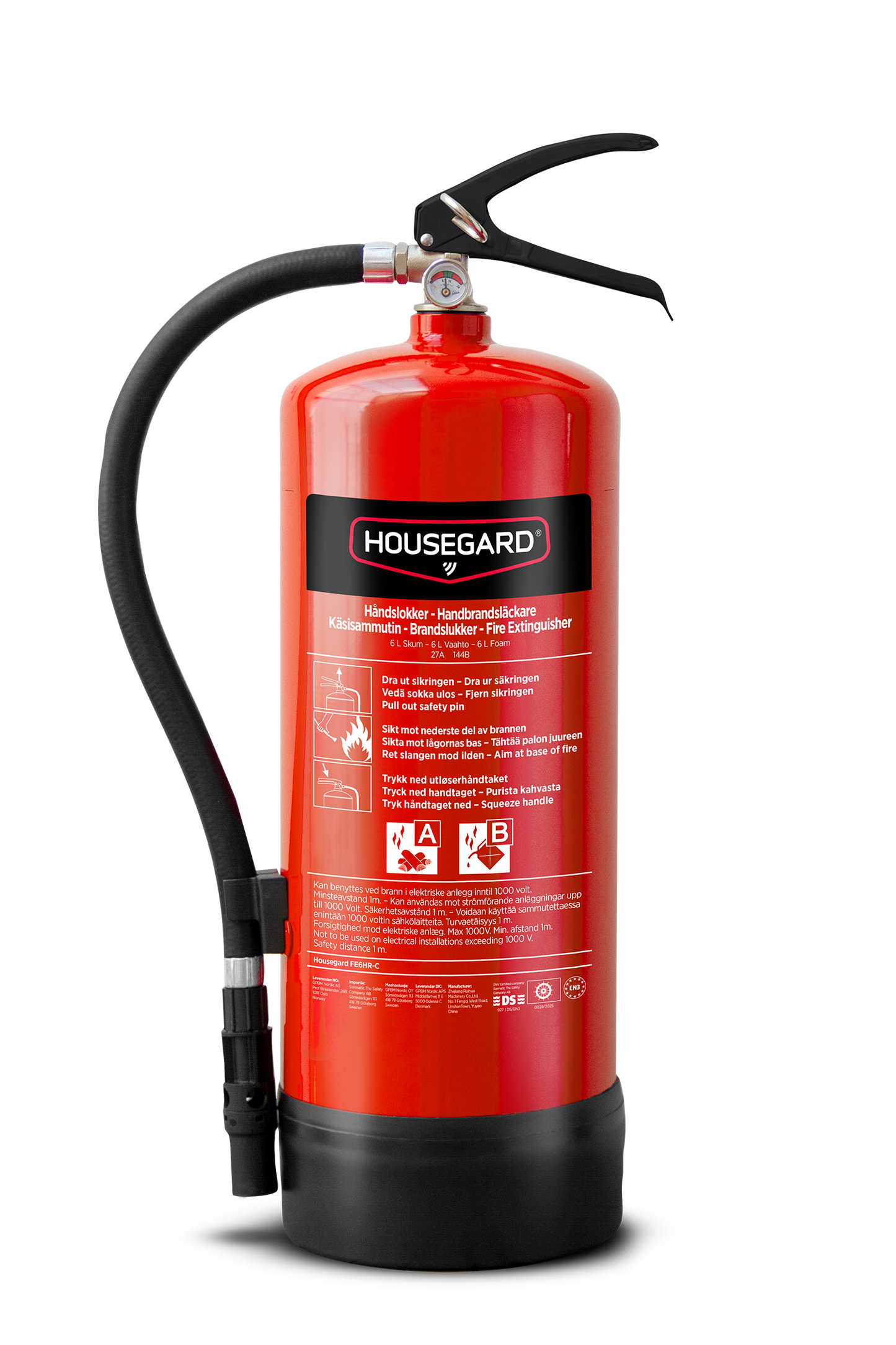Housegard 6 liters PFAS-fri skumsläckare modell FE6HR-C – frilagd produktbild